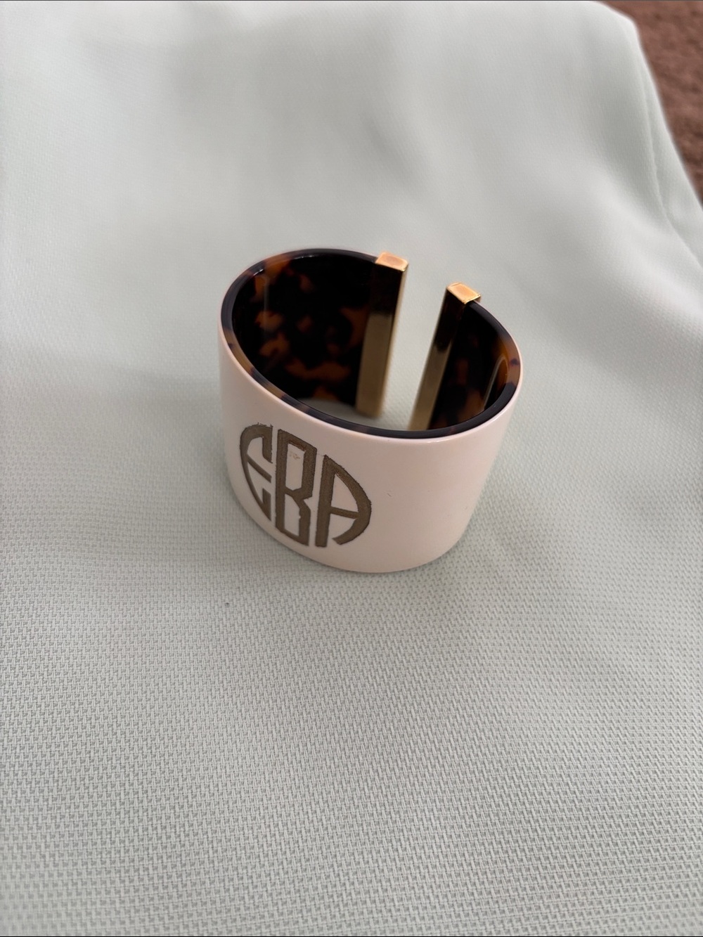 Monogrammed Wide Pink Cuff Bracelet with Tortoise Interior